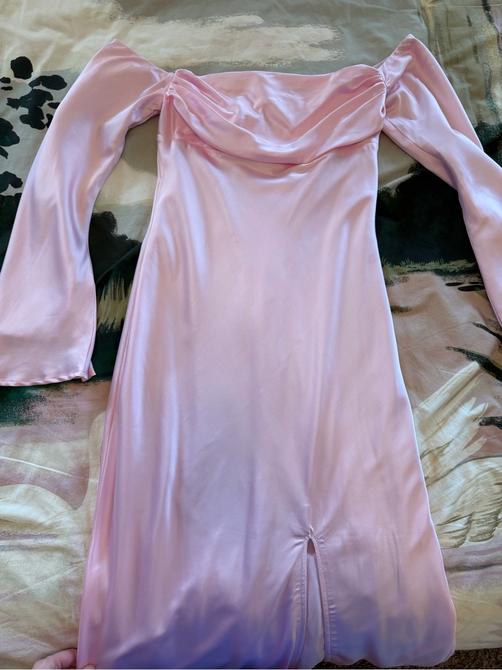 Beginning Boutique Pink Satin Off-Shoulder Long Sleeve Dress